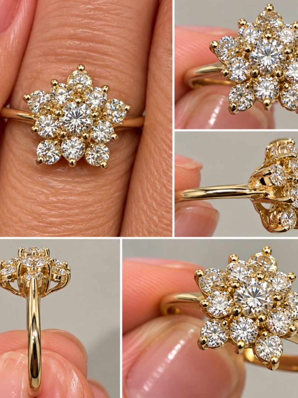 14k Gold Floral Cluster Ring Star with Diamond Stones